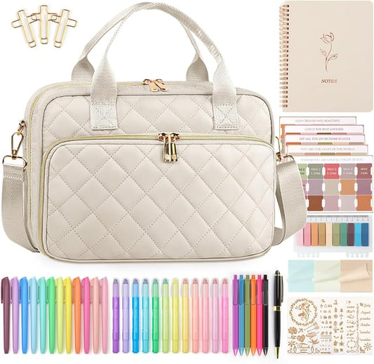 Bible Journaling Kit – Quilted Bible Cover Case for Women, 31 Highlighters, 75 Tabs, Bible Study Supplies & Christian Gift for Women and Teens (Shoulder Strap, Beige)