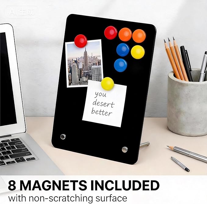 2 Pcs Magnetic Board, Black Magnet Message Board, 11"x7.8"Metal Magnetic Bulletin Board with 50pcs Memo Sheets and 8pcs Magnets, Magnet Display for Home, School, Kitchen, Office(Square,Black)