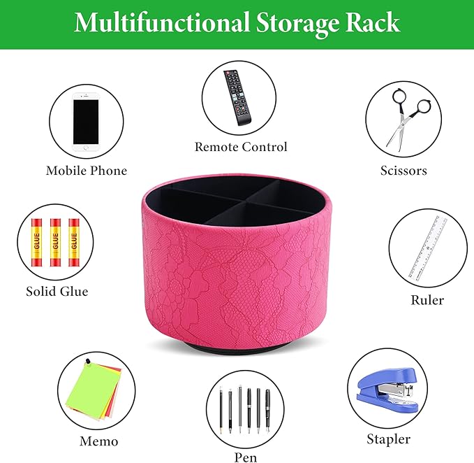 Round Leather Art Supply Organizer,Remote Control Holder,360 Degree Spinning,Multi-Functional Pencil Holder,4 Compartments Desktop Stationary Organizer(1-Lace Flower Rose Red)
