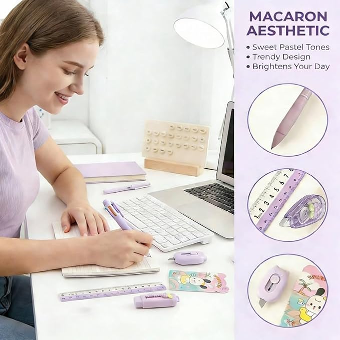 10 Pcs Cute Purple Kawaii Stationery Set - Cartoon Themed School Supplies Pack, Including Notebooks,Highlighters, Correction Tape, Ballpoint Pen. Suitable for Daily Study, Birthday and Party Favors.