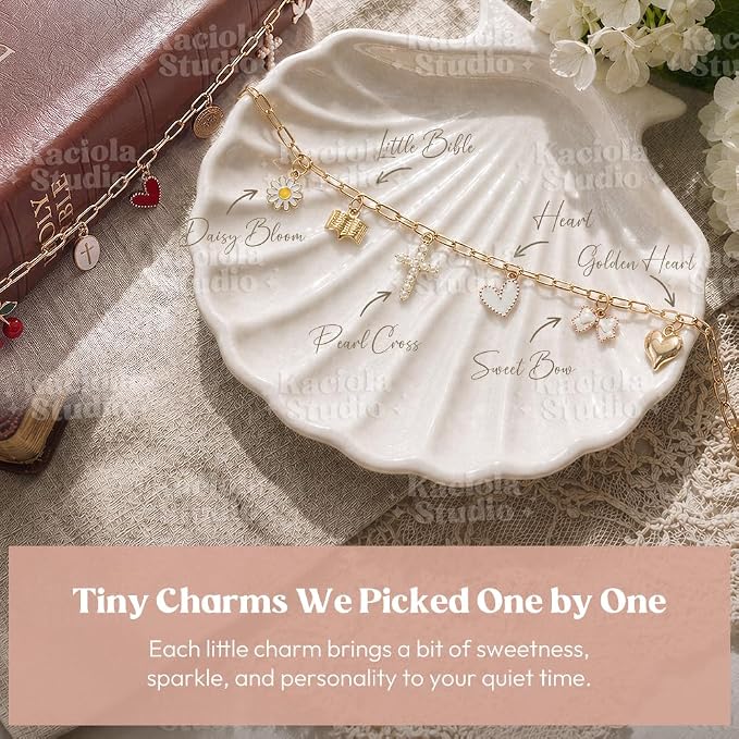 Kaciola Bible Charms Chain with 4PCS Planner Charms for Bible Study, Book Spine Bookmark, Journal Accessory, Unique Faith Jewelry Gift for Women (SJ-01)
