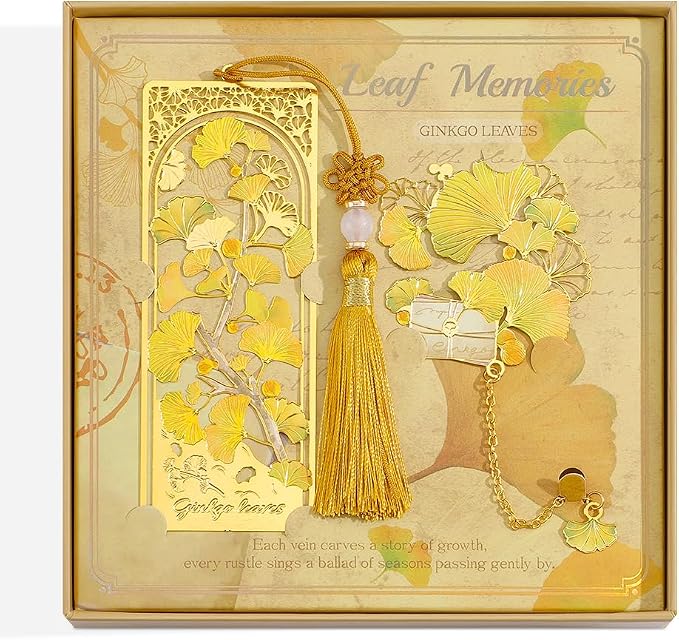 icceemee 2PCS Ginkgo Leaf Theme Bookmark, Cute Bookmark for Women with Hollow-Out Square & Irregular Design, Natural Tassel Book Marks Set in Gift Box, for Book Lovers