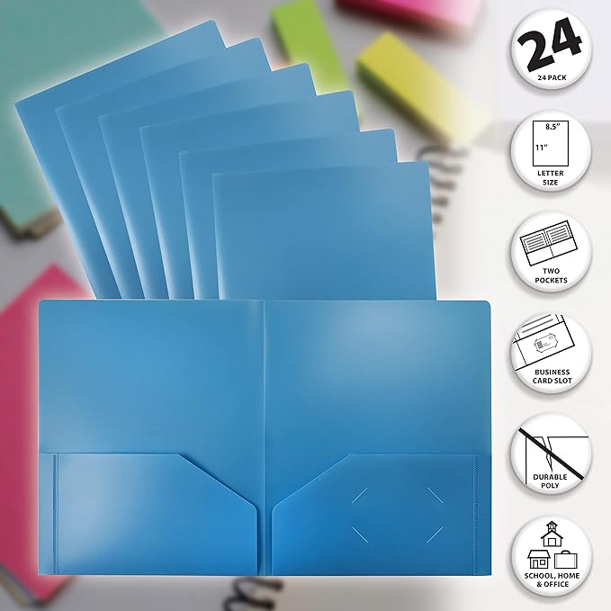 Better Office Products Heavyweight Light Blue Plastic 2 Pocket Portfolio Folder, 24 Pack, Letter Size Poly Folders, 24 Pack, Light Blue