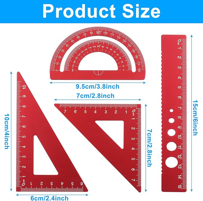 4 Pcs Triangular Ruler Set, Aluminum Alloy Geometry Tools, Metal Drafting Ruler for Students, Draftsmen, Engineers, School Office Supplies with Protractor & Metric Scales (Red)
