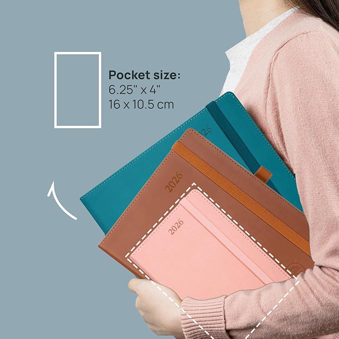 POPRUN Pocket Calendar 2026 (Small Size- 4'' x 6.25") Weekly and Monthly for Purse - Planner 2026 (Jan. 2026 - Dec. 2026) with Vegan Leather Soft Cover, Inner Pocket, 100GSM - Burgundy Red