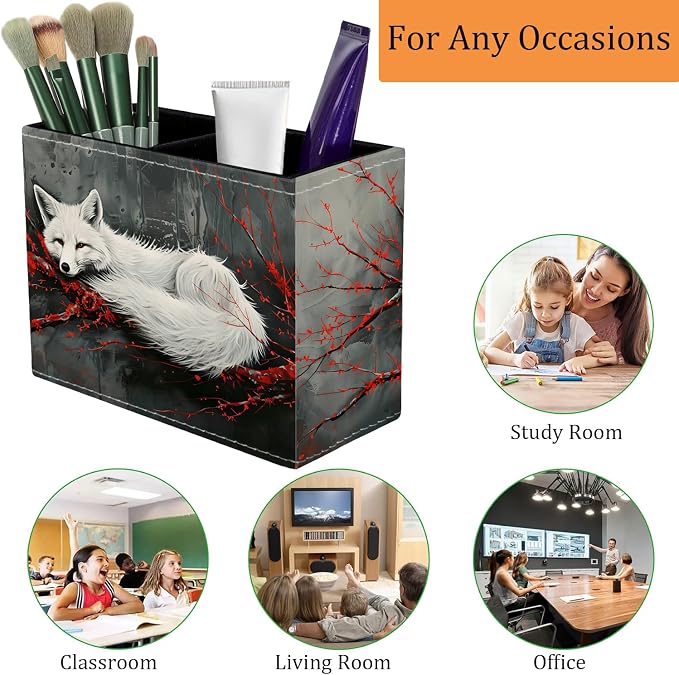 Pen Holder for Desk, PU Leather Multifunctional Desktop Storage Box and Anti-Slip Mouse Pad Set, Makeup Brush Holder Pen Organizer for Office and Home - Fox and Red Branch