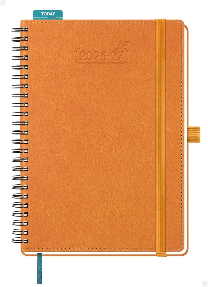 BEZEND Weekly Planner 2026-2027 (6" x 8.5") with Hourly Timeslots (Jul 26-Dec 27) 18 Months Academic Calendar & Monthly Tabs, for Students, Work & Home, Spiral PU Leather Softcover -Orange