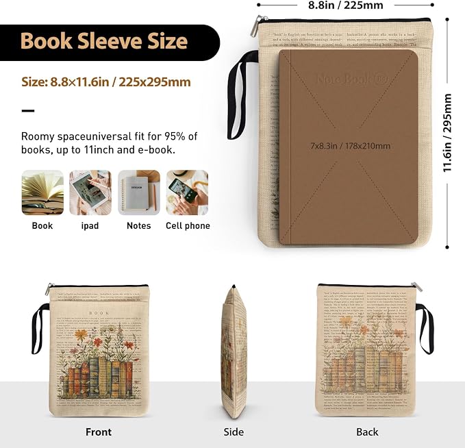 Bookish Flower Blossoms Book Sleeve Pouch, Book Lovers Gifts Book Covers Protector for Paperbacks with Handle for Reader Bookworm, Book Club Gifts for Chritsmas, Reading Accessories for Student