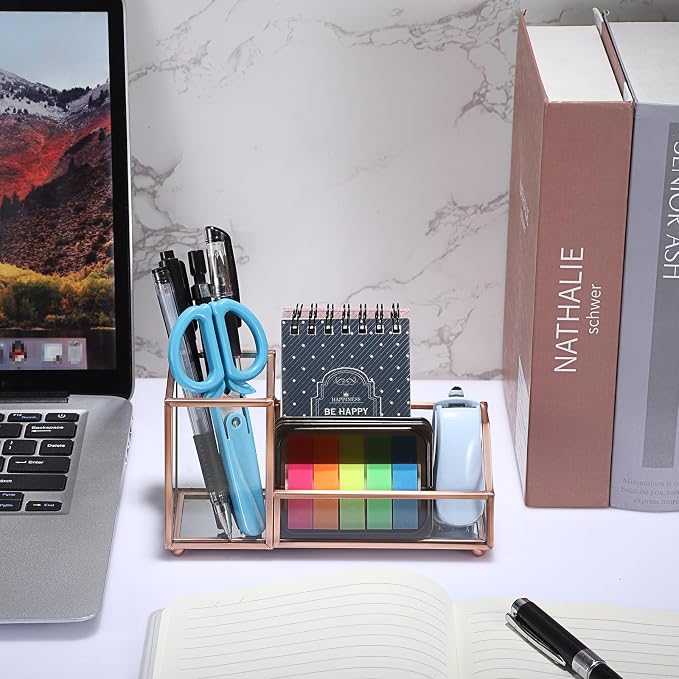 Hipiwe Glass Business Card Holder Stand Metal Pen Pencil Storage Holder for Desk Clear Business Card Display Organizer Case for Office Home Desktop,Rose Gold