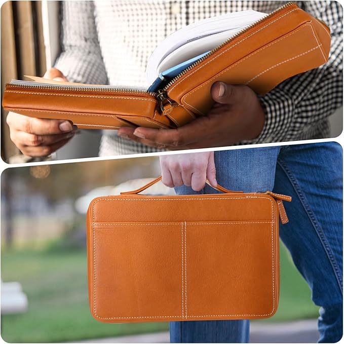 Top Grain Leather Bible Cover for Men Women Buffalo Genuine Leather Bible Case Book Holder Bag with Zipper Handle Back Pocket Bookmark Father's Day Religious Gift(Light Brown,Medium,Classic)