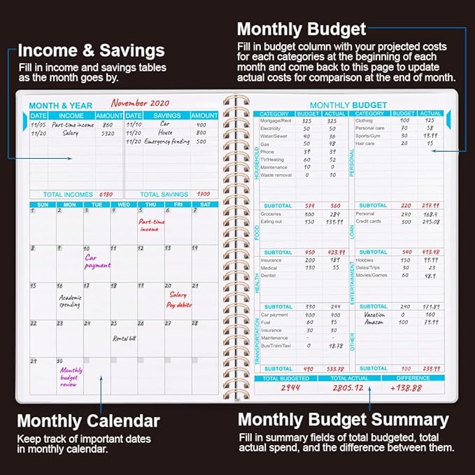 Budget Planner - Monthly Budget Book with Expense Tracker Notebook, Undated 12 Month Bill Organizer & Finance Planner to Manage Your Money, Account Book with Colorful Tabs, 8" x 9.5", Black