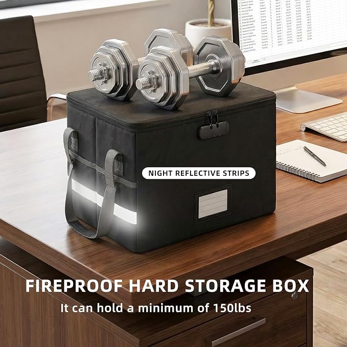 novelinks File Box with Lock, Fireproof Document Box for Home Office,Collapsible Storage Box with Mesh Pockets & Zipper & Handle, Cabinet for Hanging Letter/Legal Folder,Black (Single-layer)