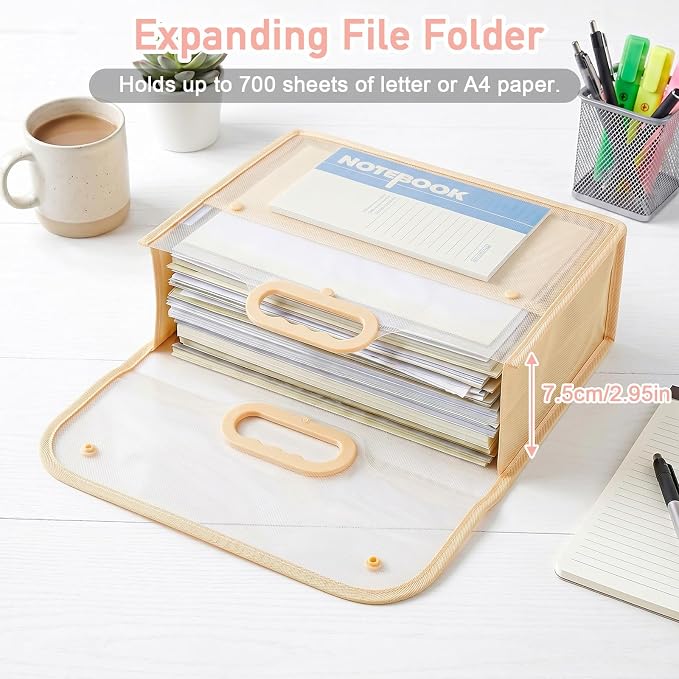 SAYEEC Plastic Expanding File Folder Portable Folders with Handle Transparent File Folder Organizer Large Capacity Document Organizer Briefcase Pouch Bag for Office Home, Fit Letter/A4 Size (2 Pack)