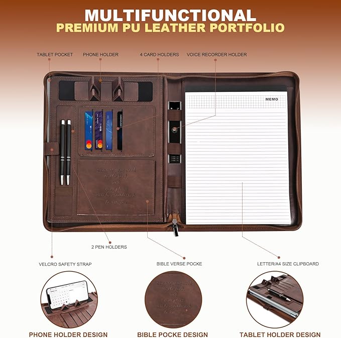 Leather Portfolio for Men and Women – Business Binder Portfolio, Professional Organizer for Men and Women, Christian Gifts, Laptop & iPad Case, Bible Notepad Holder (Brown)