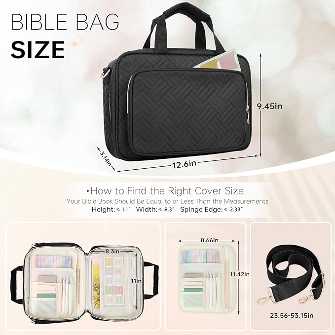 Bible Cover Case for Women Bible Study Supplies Christian Gifts for Women Church Camp Essentials Christian Bible Journaling Kit Quilted Large Bible Cover with Durable Handle (Black, Large)