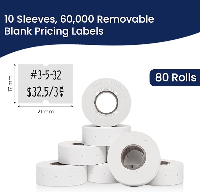 Perco 2 Line Removable Adhesive Labels - 80 Rolls, 10 Sleeves, 60,000 Blank Price and Date Gun Labels for Perco 2 Line Price and Date Guns - Made in USA
