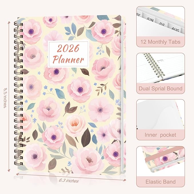 2026 Planner, Weekly and Monthly Academic Planner Calendar (JAN.2026 - DEC.2026), Planning Agenda Book, for Office Desk Accessories and School Supplies, A5(6.3" x 8.5") (Blush Blooms)