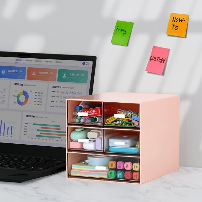 Desk Organizer with 5 Drawers, Rectangular Office Stationery Supplies Desktop Drawers, Plastic Makeup Storage, Suitable for Office, School, Home (Pink & 5 Drawers)