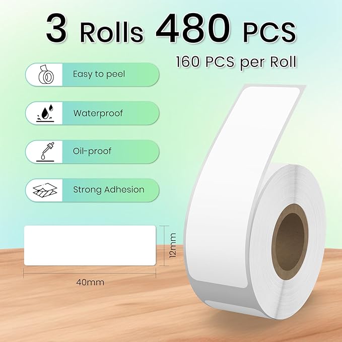 480 PCS D30 Label Maker Tape 0.47" × 1.57" (12 × 40 mm) Vinyl Waterproof Thermal Stickers Self-Adhesive Decals for Retail Office Home School White