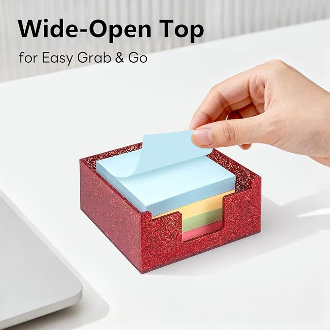 Red Sparkling Sticky Note Holder, Glitter Acrylic Organizer, 3.94 x 3.94 in Multi-Use Tray for Office, School & Home Desk