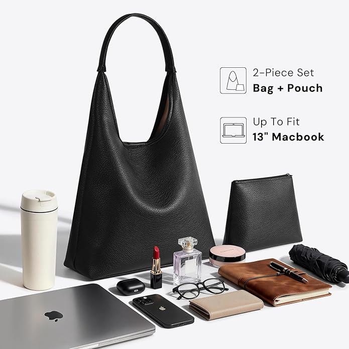 Hobo Bag for Women, Large Slouchy Shoulder Bag, Soft Vegan Leather Everyday Tote Purse, Stylish Handbag Fits 13.6'' Laptop