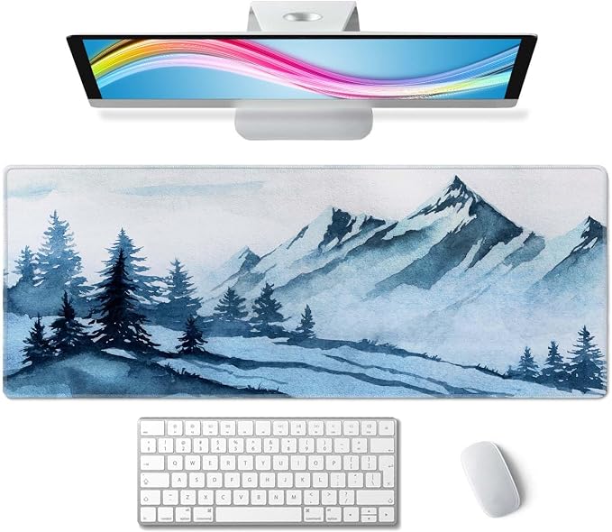 Watercolor Winter Mountains Landscape Desk Mat, Extended Big Mouse Mat for Home and Office, Large Gaming Mousepad Laptop Keyboard Mat with Non-Slip Rubber Base, Stitched Edges (31.50"x11.8"x0.12")