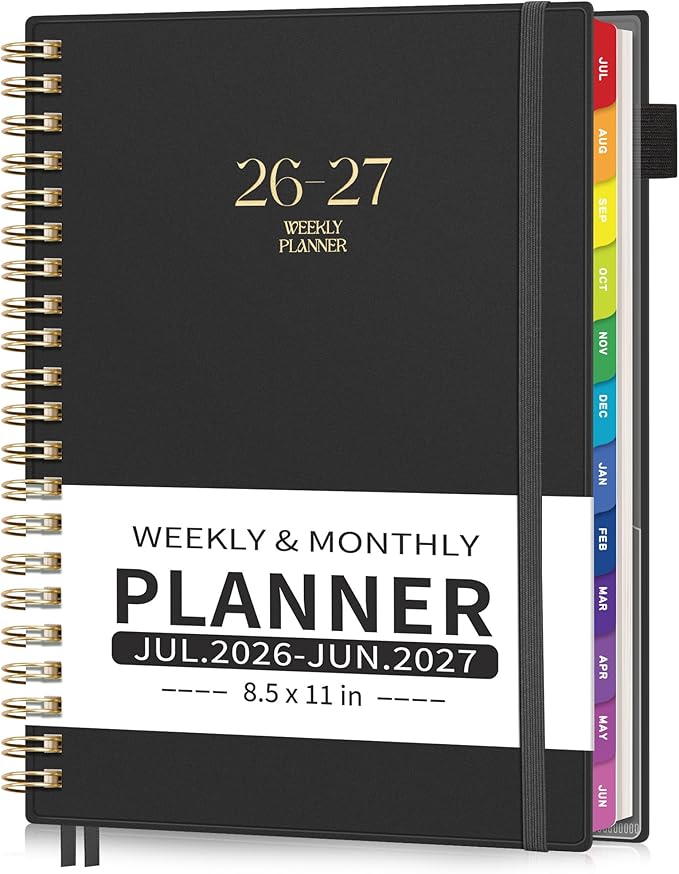 EMSHOI Academic Planner 2026-2027, Large A4 8.5x11, Weekly and Monthly Calendar (July 2026-June 2027), School Student Teacher Agenda Book, 100GSM Thick Paper, PVC Cover, Colorful Tabs, Black