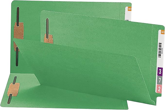 Smead End Tab Fastener File Folder, Shelf-Master® Reinforced Straight-Cut Tab, 2 Fasteners, Legal Size, Green, 50 per Box (28140)