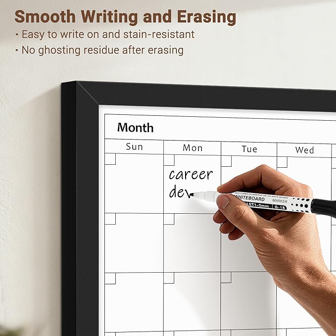 Dry Erase Calendar Whiteboard for Wall, 36x24 Inches Monthly White Board with White Wooden Frame, Hanging Magnetic Wall Calendar Board for Home Office School Kitchen Dorm