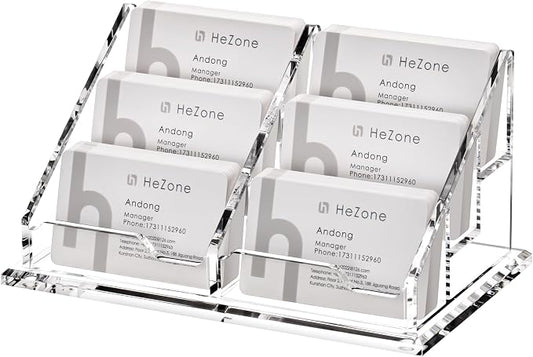 HeZone Business Card Holder for Desk, Acrylic Business Card Organizer , Multiple 6 Slots 3 Tier Business Cards Stand for Women& Men,Office Desk Accessories,Organize 300 Cards-1 Pack(Horizontal,Clear)