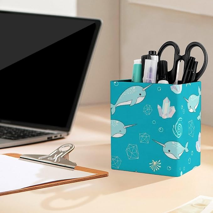 Pen Holder Stand For Desk, Pencil Pen Holder Cup, Desktop Stationery Organizer, Waterproof Multifunctional Office Supplies Blue Kawaii Narwhals