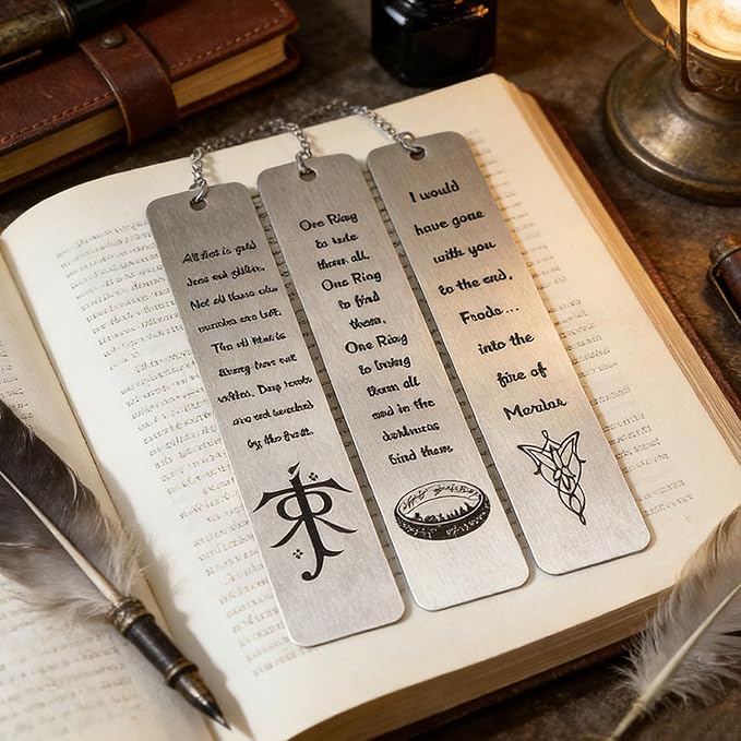 3Pcs Fantasy LOTR Metal Bookmarks Set, Elvish Leaf Pendant with Sword Charm, Evenstar Engraving, Epic Quotes Carved, Dark Academia Book Accessories, Gifts for Readers (The Three Rings)