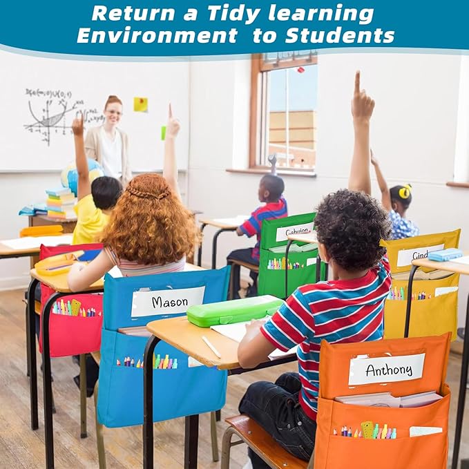 12 Pcs Classroom Chair Pockets, 15.9 x14.8 inch Chair Pockets for Classroom, 6 Bright Color Seat Sacks for Classroom Chairs, Buddy Pocket, Chart Seat Back Organizer with Name Tag