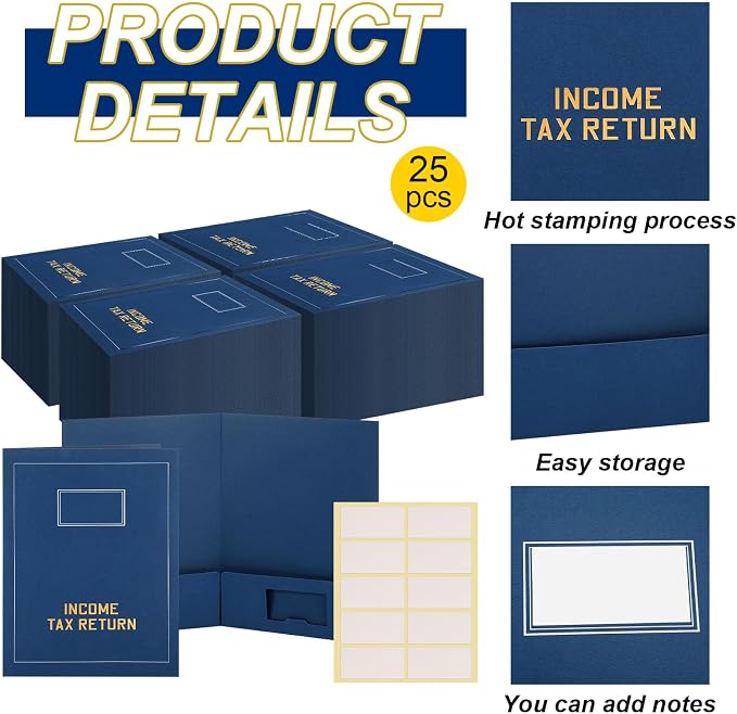 Kisston 25 Pcs Tax Return Folders Bulk 2 Pocket Gold Foil Stamped Income Tax Folders with Labels Business File Office Blank Organizer (Blue)
