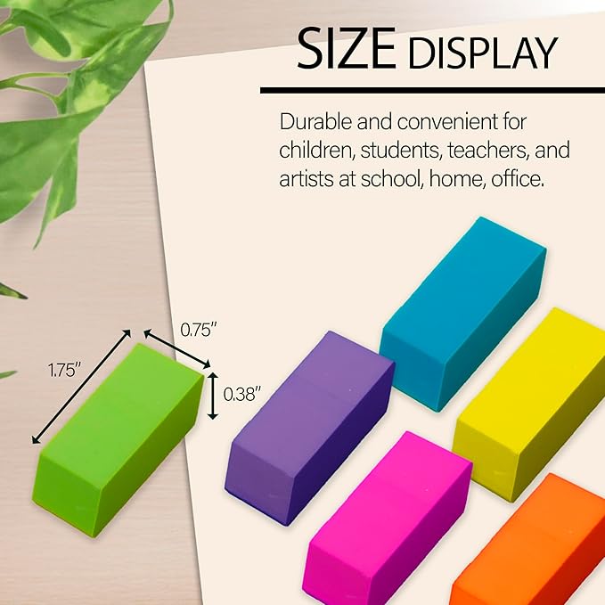 BAZIC Products Erasers, Neon Bevel Eraser, Latex Free, Large Size Block Erasers for Art Drawing School Office Teachers (6/Pack), 24-Packs