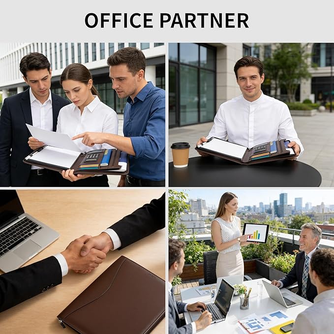 Professional Padfolio with Calculator,Faux Leather Portfolio Folder Binder,Letter Size A4 Legal Writing Pad Holder for Business School Office Conference Notepad Clip Boards(Brown)