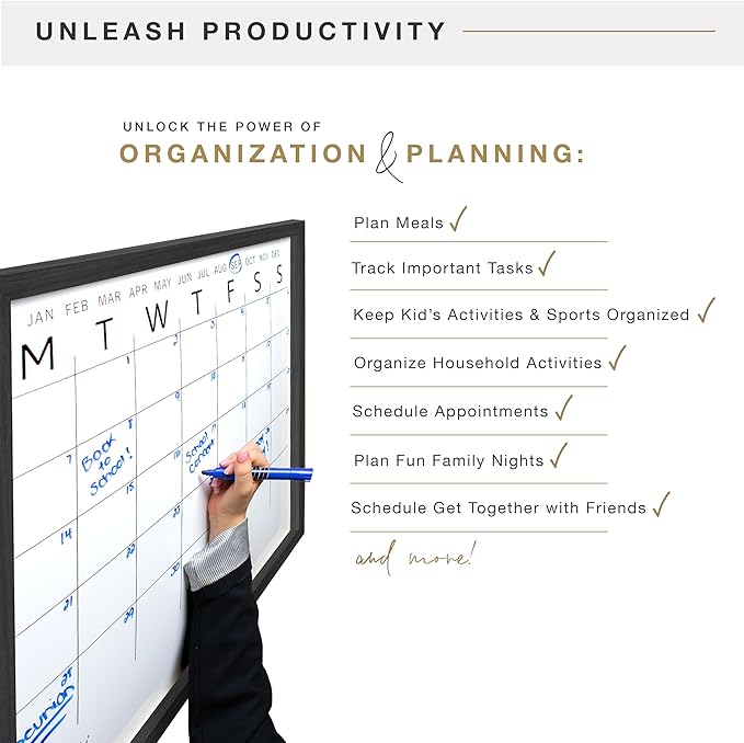 MCS Dry Erase Calander 30x30 Black Framed Monthly Calendar for The Wall, Stay Organized with Family Planner for Appointments, Sports, Events & More