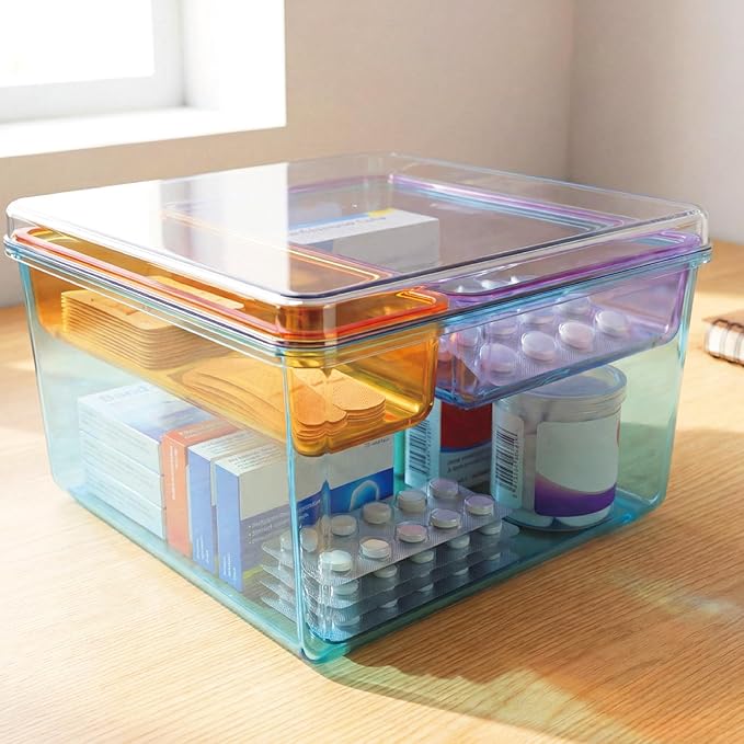 MOSSRIVER 4 Pack Clear Drawer Organizer Set, Plastic Desk Organizer Bin with Lid & Trays, Colorful Storage Box with Removable Trays for Cosmetics, Jewelry, Bedroom, Bathroom, Office, Combo 05