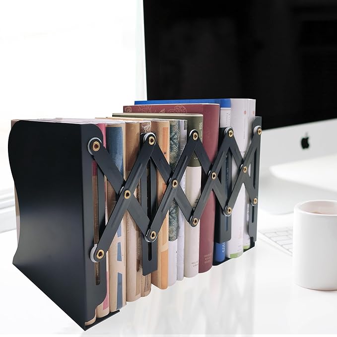 Metal Bookends, Book Ends for Heavy Books, Adjustable Book Holder for Shelves, Book Stopper for Home/School/Office, Extends up to 19 inches, Black