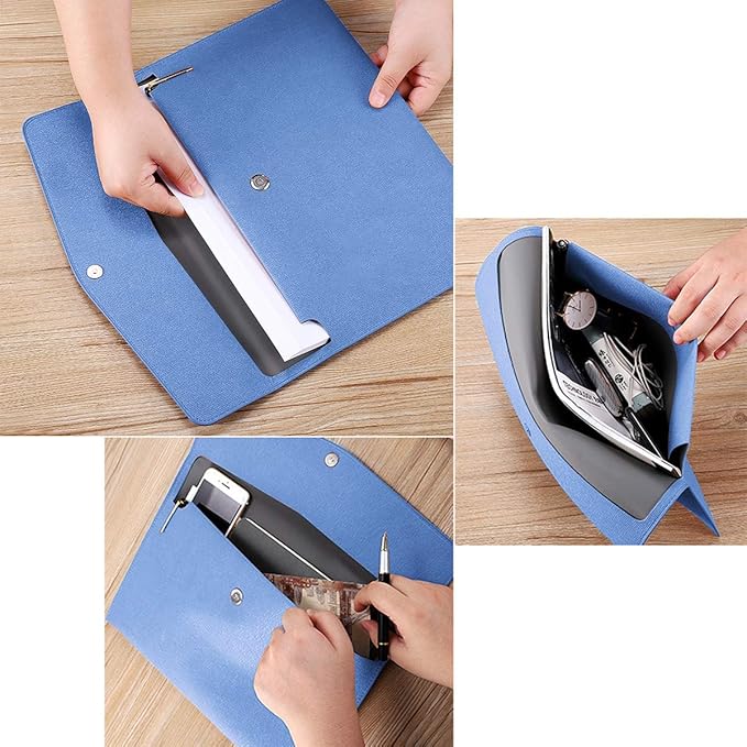 PU Leather A4 File Folder Document Holder Waterproof Portfolio Envelope Folder Case with Snap Closure Blue