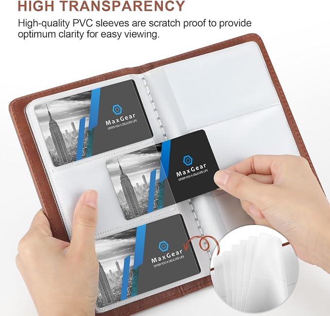 MaxGear Business Card Organizer Book, Holds 240 Cards, Portable PU Leather Business Card Holder with Clear Sleeves, Professional Card Binder for Office, Meetings, Networking, Coffee