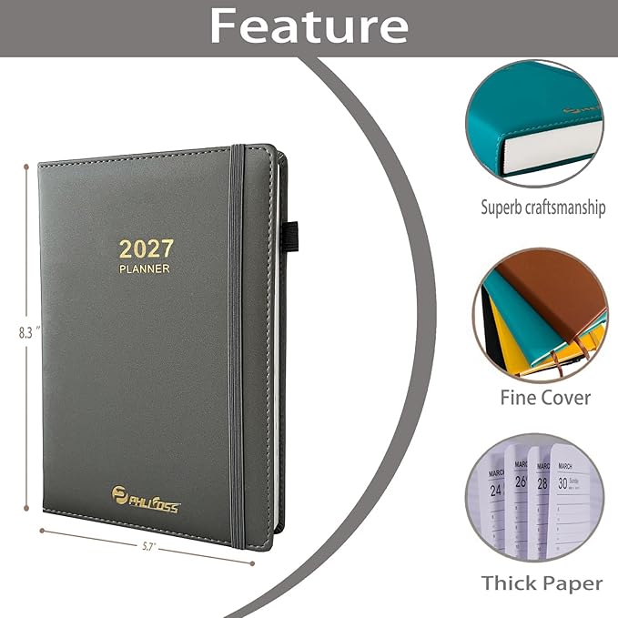 Daily Planner 2027 / Appointment Book, One Page Per Day, Jan - Dec 2027, Annual Daily Monthly Calendar Planner with Hourly Schedule and Monthly Tabs, 5.7" x 8.3" Agenda (Dark Gray)
