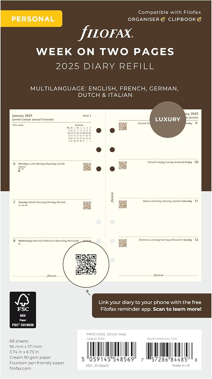 Filofax Calendar Diary Refill, Personal/Compact Size, Week-to-View, Cotton Cream Paper, Unruled, Multilingual: Five Languages, 2025 (C68413-25)