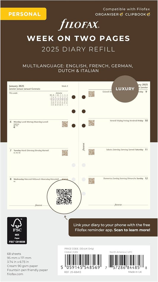 Filofax Calendar Diary Refill, Personal/Compact Size, Week-to-View, Cotton Cream Paper, Unruled, Multilingual: Five Languages, 2025 (C68413-25)
