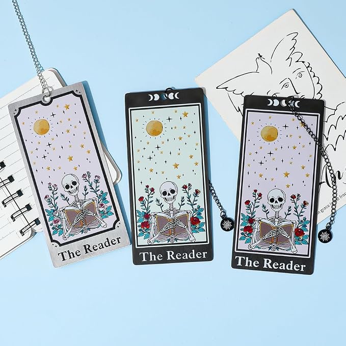 3Pcs Unique Skull Reader Bookmark - Metal Bookmark with Black Tassel, Star and Rose Pattern, Engraved “THE Reader” for Dark Gothic Lovers, Women Readers Fantasy Gift Gothic Gift (3PCS B)