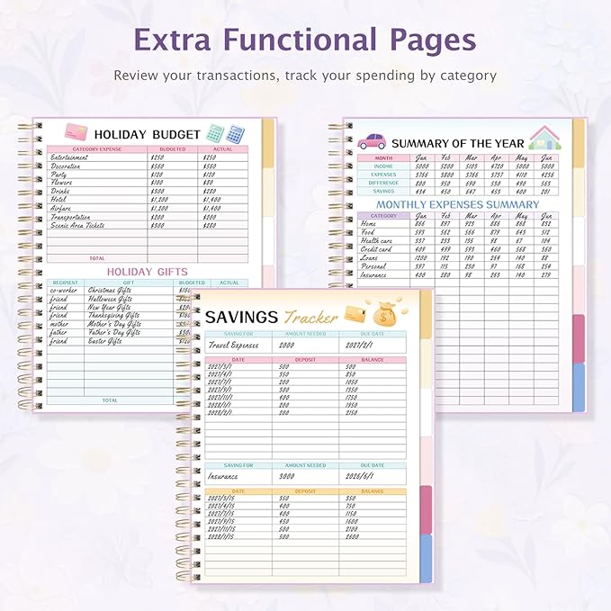 Ospelelf Budget Planner Undated, Money Expense Tracker with Pocket & Stickers, Thick Cardboard Cover, Large Pages for Spacious Writing, Original Fun Colorful Design, 12 Month Financial Notebook, Purple Floral