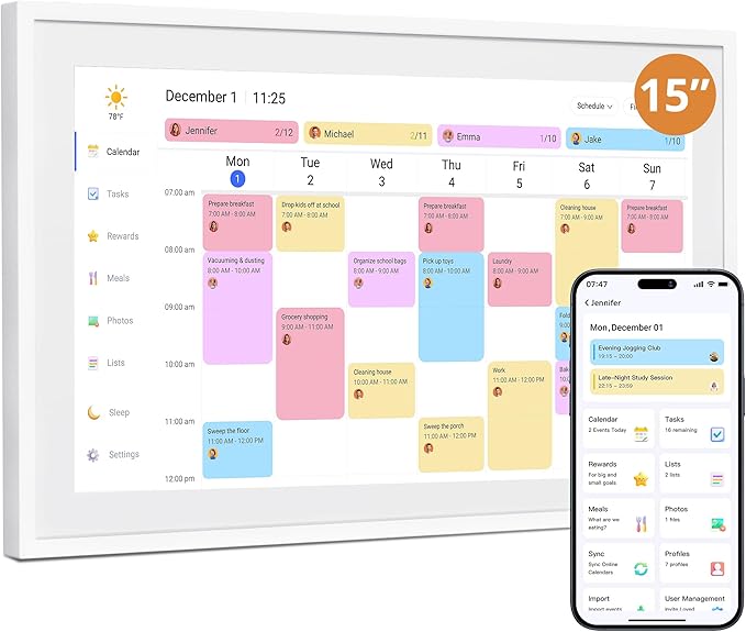 Dragon Touch Digital Wall Calendar 15 Inch Touch Screen, Electronic Desk Calendar and Chore Chart for Family Kids Monthly/Weekly Planner, Interactive Touchscreen Display Smart Calender for Home Organization
