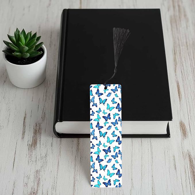Blue Butterflies Bookmarks 5 Pcs with Tassels Insect Shiny Wooden Bookmarks for Reading Women Students Teacher Reader