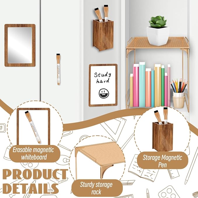 Denylo pro Magnetic Locker Accessories Kit Brown Back to School Essentials Locker Organizer Supplies Include Mirror Whiteboard Pen Shelf Pencil Case Magnet Back to School Essentials