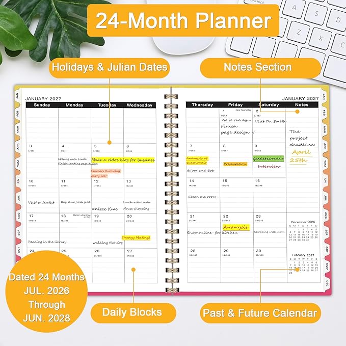2026-2028 Monthly Planner - 2 Year Monthly Planner Calendar 2026-2028, Jul 2026 - Jun 2028, 8.5" x 11", 24 Months, Spiral-Bound, Tabs, Holidays, Notes, Ideal for School Office Home Planning